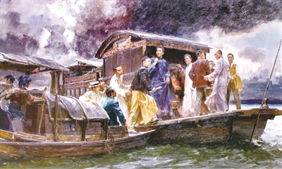 圖①：中國共產(chǎn)黨第一次全國代表大會于1921年7月23日至8月初在上海法租界望志路106號（今興業(yè)路76號）和浙江嘉興召開。圖為油畫《啟航——中共一大會議》。 何紅舟 黃發(fā)祥 作