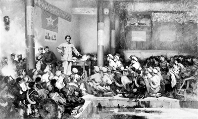 1929年12月底，中國(guó)共產(chǎn)黨紅軍第4軍第九次代表大會(huì)在福建省上杭縣古田召開。古田會(huì)議在黨的歷史上以自我革命的方式糾正了黨和紅軍自身存在的問(wèn)題，使正確的建黨建軍原則逐步得以實(shí)行，顯示了我們黨極強(qiáng)的自我糾錯(cuò)和自我修復(fù)能力。圖為油畫《古田會(huì)議》。